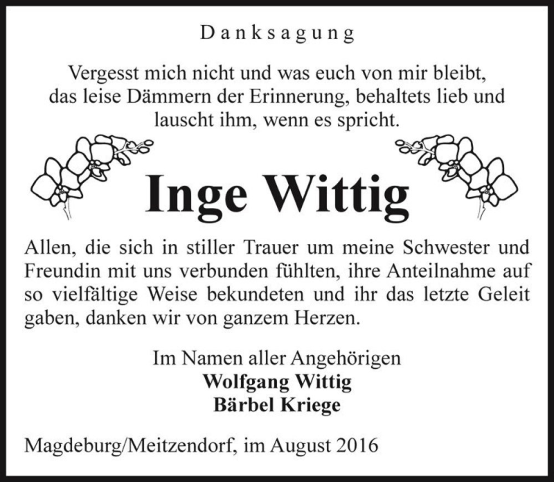  Traueranzeige für Inge Wittig  vom 06.08.2016 aus Magdeburger Volksstimme
