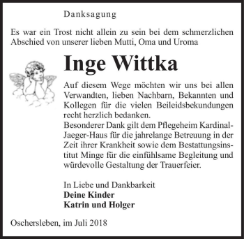 Traueranzeige von Inge Wittka  von Magdeburger Volksstimme