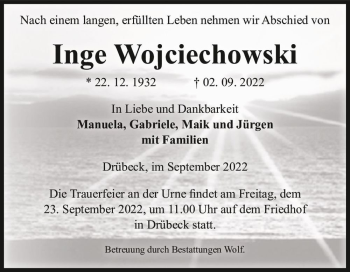 Traueranzeige von Inge Wojciechowski  von Magdeburger Volksstimme