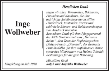 Traueranzeige von Inge Wollweber  von Magdeburger Volksstimme