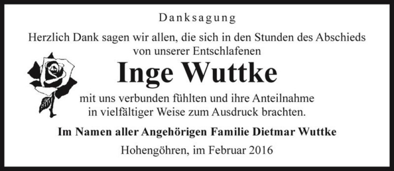  Traueranzeige für Inge Wuttke  vom 10.02.2016 aus Magdeburger Volksstimme