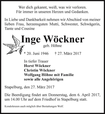 Traueranzeige von Inge Wöckner (geb. Höhne)  von Magdeburger Volksstimme