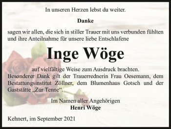 Traueranzeige von Inge Wöge  von Magdeburger Volksstimme