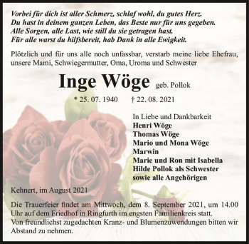 Traueranzeige von Inge Wöge (geb. Pollok)  von Magdeburger Volksstimme