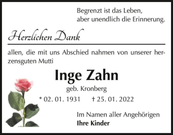 Traueranzeige von Inge Zahn (geb. Kronberg)  von Magdeburger Volksstimme