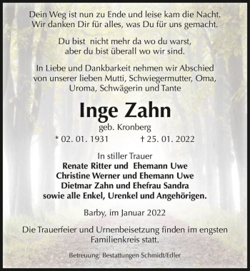 Traueranzeige von Inge Zahn (geb. Kronberg)  von Magdeburger Volksstimme