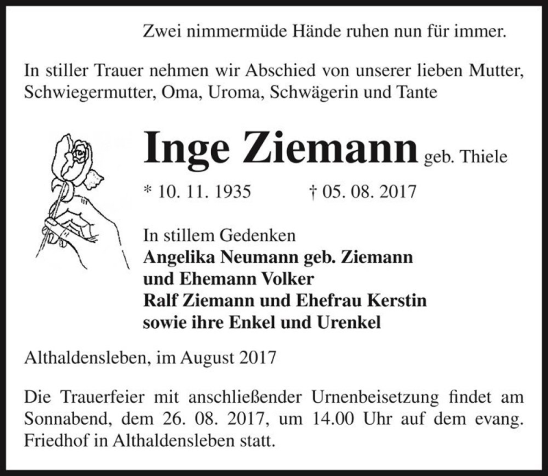  Traueranzeige für Inge Ziemann (geb. Thiele)  vom 12.08.2017 aus Magdeburger Volksstimme