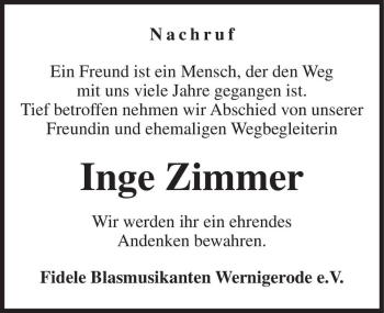 Traueranzeige von Inge Zimmer  von Magdeburger Volksstimme