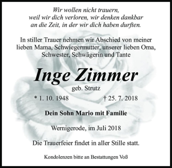 Traueranzeige von Inge Zimmer (geb. Strutz)  von Magdeburger Volksstimme