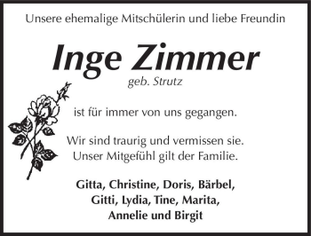 Traueranzeige von Inge Zimmer (geb. Strutz)  von Magdeburger Volksstimme