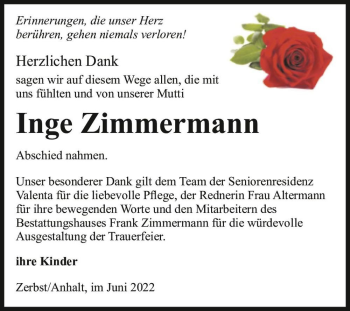 Traueranzeige von Inge Zimmermann  von Magdeburger Volksstimme