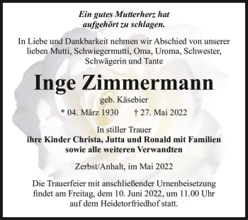 Traueranzeige von Inge Zimmermann (geb. Käsebier)  von Magdeburger Volksstimme