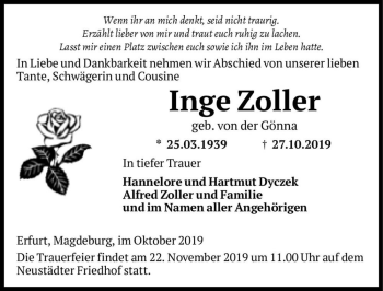 Traueranzeige von Inge Zoller (geb. von der Gönna)  von Magdeburger Volksstimme