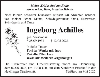 Traueranzeige von Ingeborg Achilles (geb. Wesemann)  von Magdeburger Volksstimme