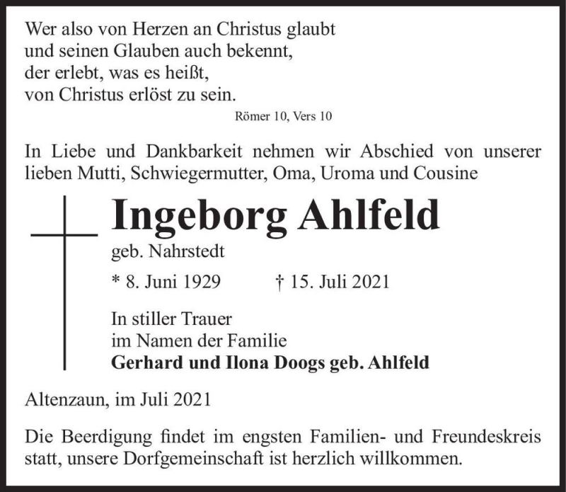  Traueranzeige für Ingeborg Ahlfeld (geb. Nahrstedt)  vom 17.07.2021 aus Magdeburger Volksstimme