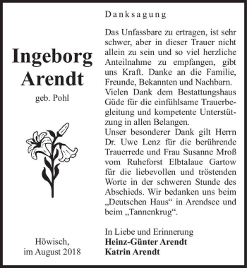 Traueranzeige von Ingeborg Ahrendt (geb. Pohl)  von Magdeburger Volksstimme