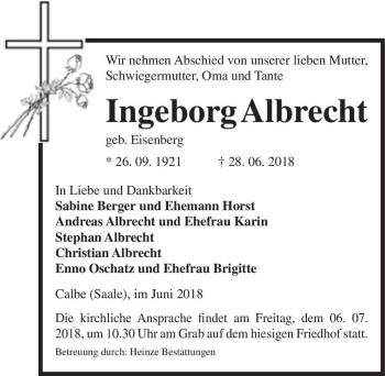 Traueranzeige von Ingeborg Albrecht (geb. Eisenberg)  von Magdeburger Volksstimme