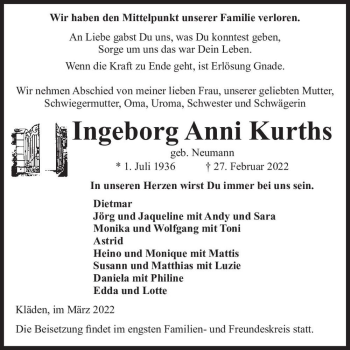 Traueranzeige von Ingeborg Anni Kurths (geb. Neumann)  von Magdeburger Volksstimme