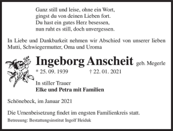 Traueranzeige von Ingeborg Anscheit (geb. Megerle)  von Magdeburger Volksstimme