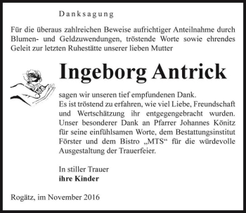 Traueranzeige von Ingeborg Antrick  von Magdeburger Volksstimme