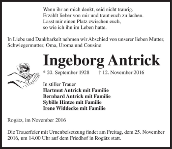 Traueranzeige von Ingeborg Antrick  von Magdeburger Volksstimme