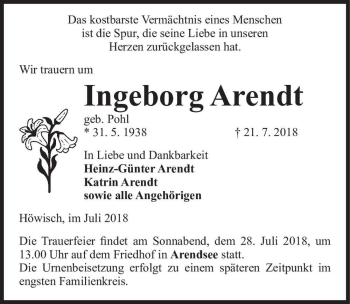 Traueranzeige von Ingeborg Arendt (geb. Pohl)  von Magdeburger Volksstimme
