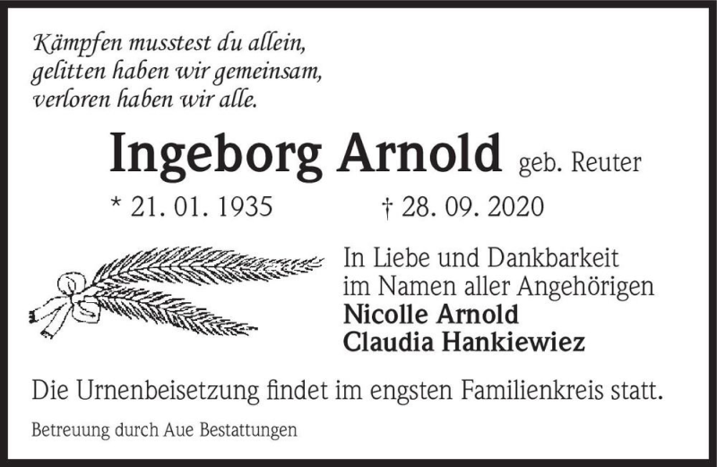  Traueranzeige für Ingeborg Arnold (geb. Reuter)  vom 02.10.2020 aus Magdeburger Volksstimme