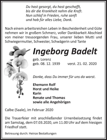 Traueranzeige von Ingeborg Badelt (geb. Lorenz)  von Magdeburger Volksstimme