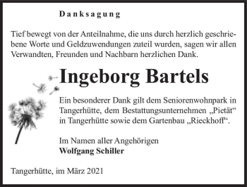 Traueranzeige von Ingeborg Bartels  von Magdeburger Volksstimme