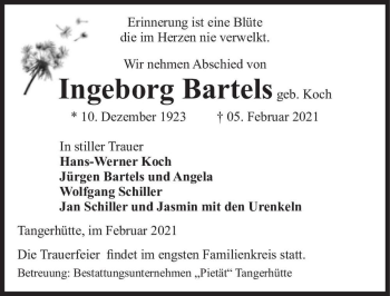 Traueranzeige von Ingeborg Bartels (geb. Koch)  von Magdeburger Volksstimme