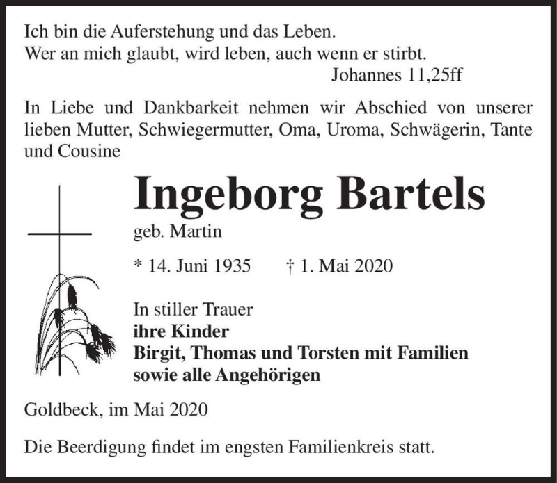  Traueranzeige für Ingeborg Bartels (geb. Martin)  vom 06.05.2020 aus Magdeburger Volksstimme