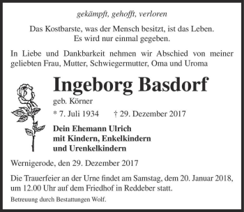 Traueranzeige von Ingeborg Basdorf (geb. Körner)  von Magdeburger Volksstimme