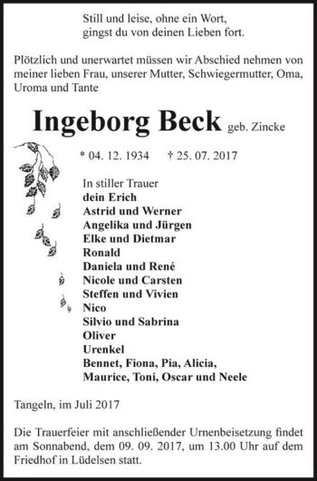 Traueranzeige von Ingeborg Beck (geb. Zincke)  von Magdeburger Volksstimme