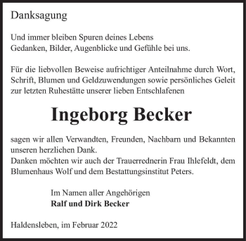 Traueranzeige von Ingeborg Becker  von Magdeburger Volksstimme