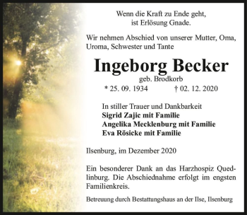 Traueranzeige von Ingeborg Becker (geb. Brodkorb)  von Magdeburger Volksstimme