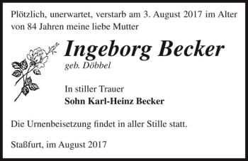 Traueranzeige von Ingeborg Becker (geb. Döbbel)  von Magdeburger Volksstimme