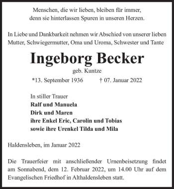 Traueranzeige von Ingeborg Becker (geb. Kuntze)  von Magdeburger Volksstimme