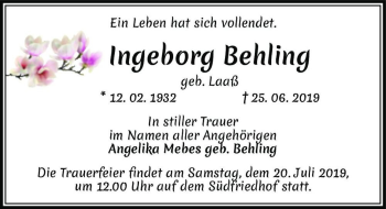 Traueranzeige von Ingeborg Behling (geb. Laaß)  von Magdeburger Volksstimme
