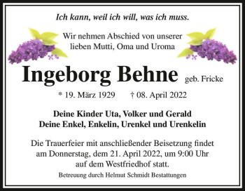 Traueranzeige von Ingeborg Behne (geb. Fricke)  von Magdeburger Volksstimme