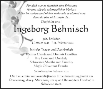 Traueranzeige von Ingeborg Behnisch (geb. Erxleben)  von Magdeburger Volksstimme