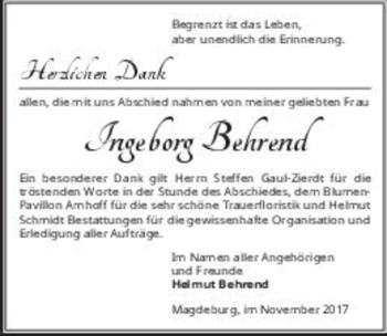 Traueranzeige von Ingeborg Behrend  von Magdeburger Volksstimme