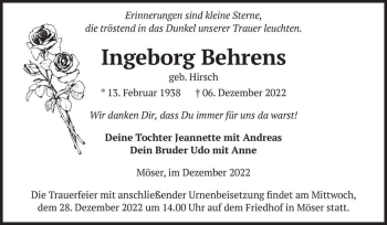 Traueranzeige von Ingeborg Behrens (geb. Hirsch)  von Magdeburger Volksstimme
