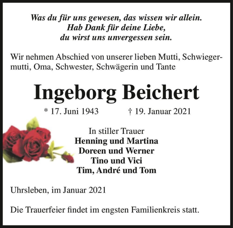  Traueranzeige für Ingeborg Beichert  vom 22.01.2021 aus Magdeburger Volksstimme