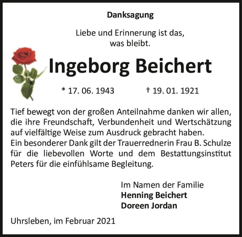  Traueranzeige für Ingeborg Beichert  vom 10.02.2021 aus Magdeburger Volksstimme