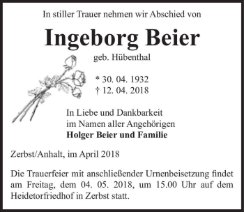 Traueranzeige von Ingeborg Beier (geb. Hübenthal)  von Magdeburger Volksstimme
