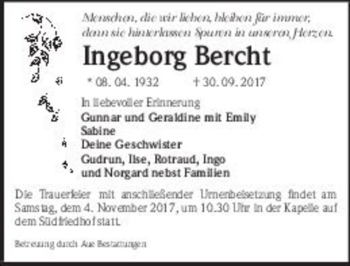 Traueranzeige von Ingeborg Bercht  von Magdeburger Volksstimme