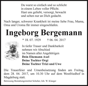 Traueranzeige von Ingeborg Bergemann  von Magdeburger Volksstimme