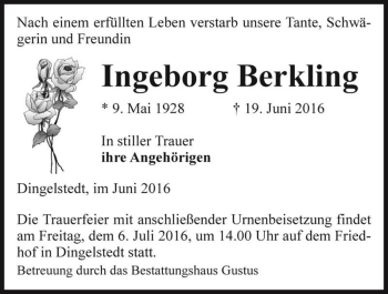 Traueranzeige von Ingeborg Berkling  von Magdeburger Volksstimme