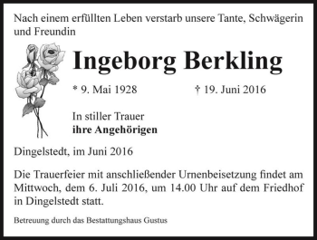Traueranzeige von Ingeborg Berkling  von Magdeburger Volksstimme