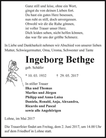 Traueranzeige von Ingeborg Bethge (geb. Schäfer)  von Magdeburger Volksstimme